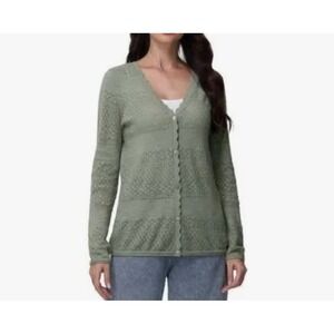 FRYE Women's Pointelle Cardigan Sweater Medium Green V Neck Knit Diamond Pattern